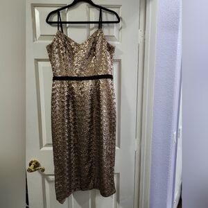 Dress the Population Brown and Cream Sheath Midi Dress